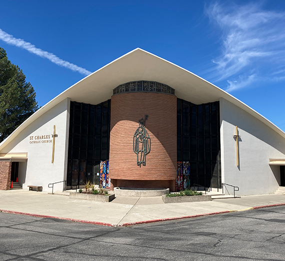 church building with uniquely shaped roof