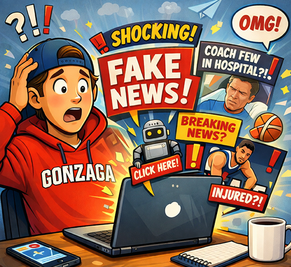 Woman in red Gonzaga t-shirt among fans cheering at basketball court